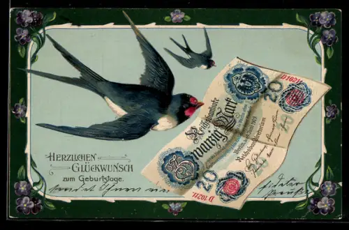 AK Schwalbe mit 20-Mark-Schein im Schnabel, Veilchenblüten, Geld