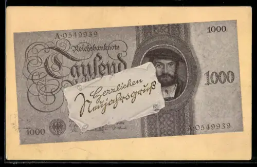 AK Reichsbanknote zu 1000 Mark, Neujahrsgrüsse, Geld
