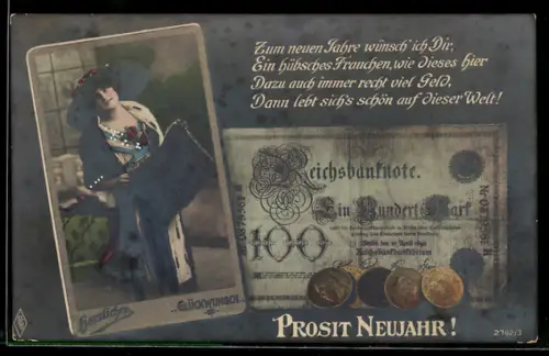 AK Reichsbanknote zu 100 Mark, Portrait einer jungen Frau im Kleid mit grossem Hut, Geld