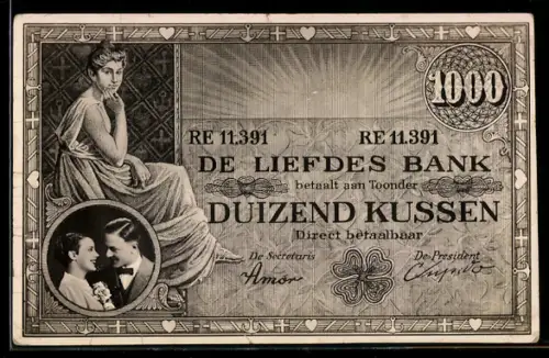 AK Niederländische Liebesbanknote über 1000 Küsse, Junges Paar, Geld