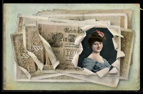AK Frauenporträt gerahmt von Geldscheinen