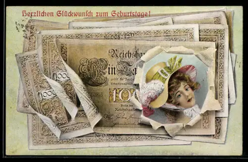 AK Reichsbanknote über 1000 Mark, Portrait junge Frau mit Hut, Geld