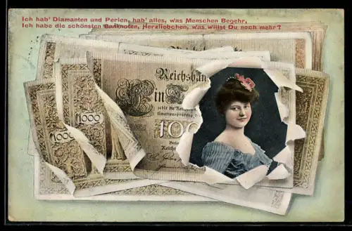 AK Frauenporträt gerahmt von Geldscheinen