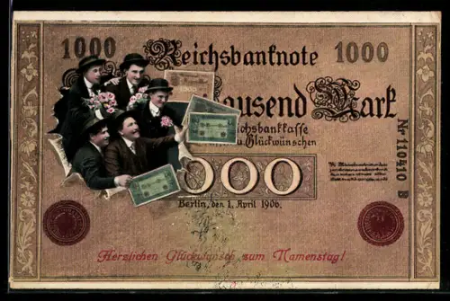 AK Junge Männer mit Reichsbanknoten zu 1000 Mark, Geld