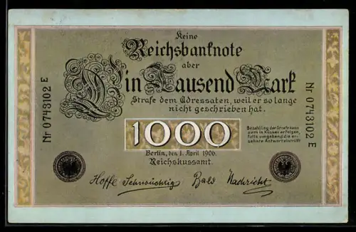 AK Reichsbanknote im Wert von 1000 Mark, Strafe für den Adressaten, weil er..., herausgegeben vom Reichkussammt