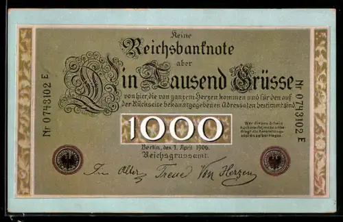 AK Geld, Banknote mit 1000 Grüssen