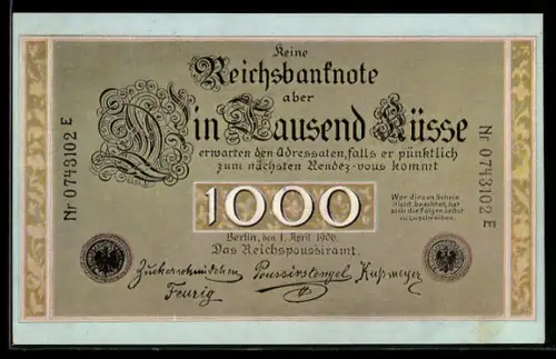 AK Reichsbanknote über 1000 Küsse