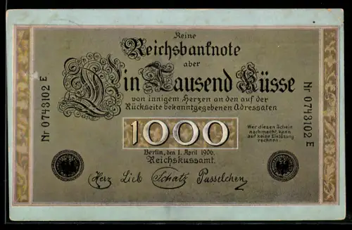 AK Banknote über 1000 Küsse, Geld