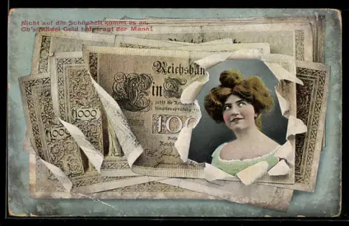 AK Porträt einer jungen Frau in einem Geldschein der Reichsbank