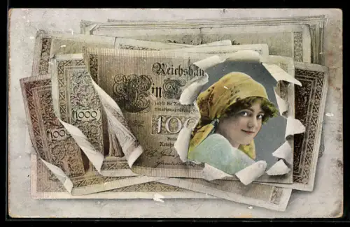 AK Banknoten mit gerissenem Loch durch das eine Frau sieht