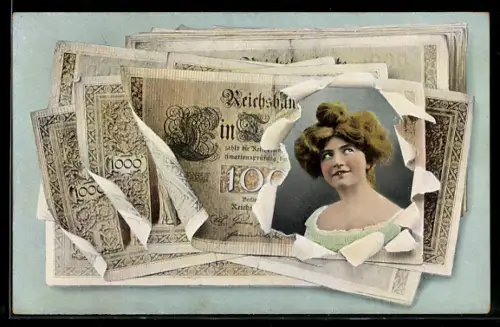 AK Porträt einer jungen Frau in einem Geldschein der Reichsbank