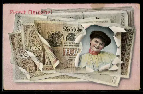 AK Frauenporträt gerahmt von Geldscheinen, 1000 Mark, Geburtstagsgruss