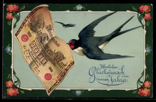 AK Neujahrsgruss, Schwalbe trägt einen Geldschein im Schnabel