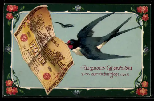 Lithographie Schwalbe mit einer Reichsbanknote im Schnabel