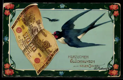 Lithographie Schwalbe mit einer Reichsbanknote im Schnabel