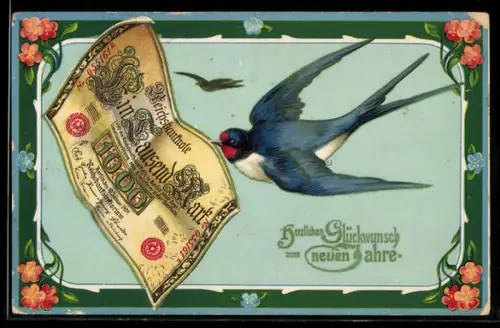 AK Schwalbe mit einem Ein Tausend Mark Geldschein im Schnabel