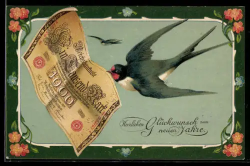 AK Neujahrsgruss, Schwalbe trägt einen Geldschein im Schnabel
