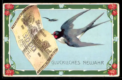 AK Schwalbe hält Reichsbanknote über 1000 Mark im Schnabel, Glückliches Neujahr