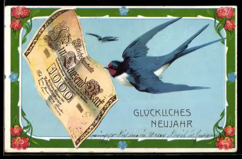 AK Schwalbe hält Reichsbanknote über 1000 Mark im Schnabel, Glückliches Neujahr