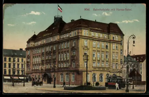 AK Kiel, Bahnhofplatz, Hansa-Hotel, Strassenbahn