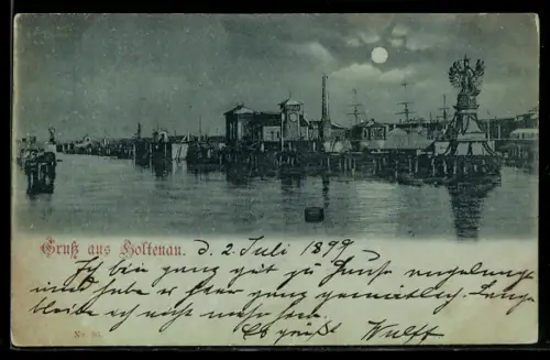 Mondschein-AK Kiel-Holtenau, Hafenansicht mit Schleuse und Leuchtturm bei Nacht, 1899
