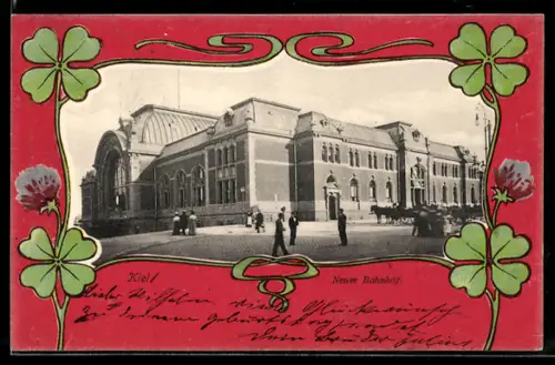 AK Kiel, Neuer Bahnhof in der Aussenansicht, Passepartout im Jugendstil