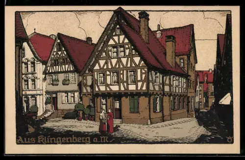 Steindruck-AK Klingenberg a. M., Ortspartie mit Fachwerkhäusern