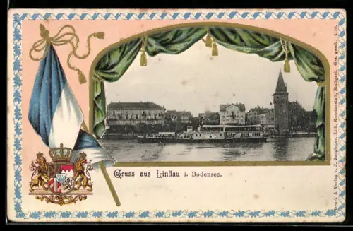 Passepartout-Lithographie Lindau i. Bodensee, Uferpartie mit Dampfer, Fahne und Wappen