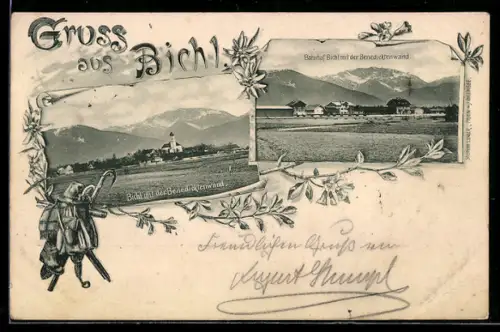 AK Bichl, Totalansicht mit Kirche und Benedicktenwand und Bahnhof