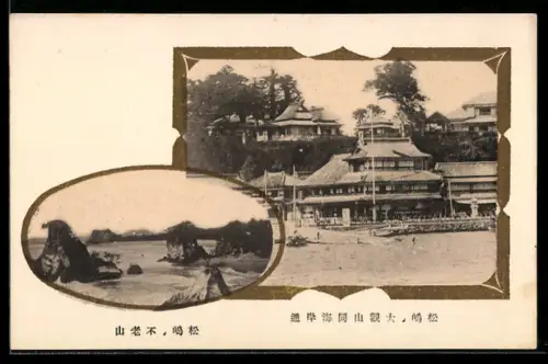 AK Matsushima, Küstenansicht mit Pavillon und Felsen im Meer