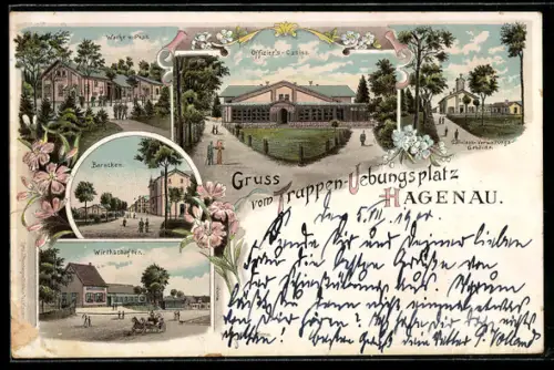 Lithographie Hagenau, Gruss vom Truppen-Uebungsplatz, Baracken