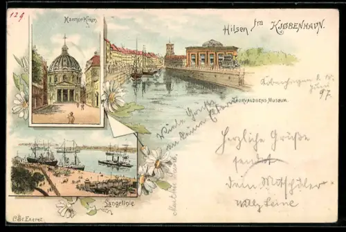 Lithographie Kjøbenhavn, Marmorkirken, Langelinie, Thorvaldsens Museum