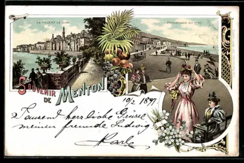 Lithographie Menton, La ville et le quai, Promenade du Midi