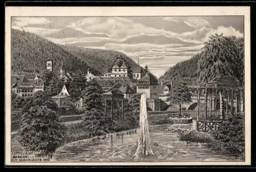 Künstler-AK Hirsau /Calw, Ortsansicht mit Kuranlagen, Fontäne