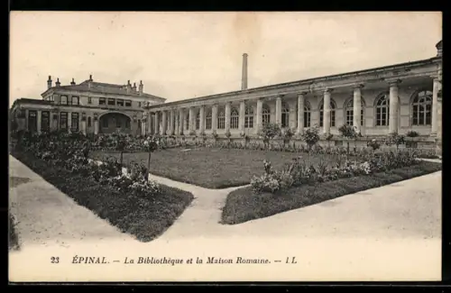 AK Épinal, La Bibliothèque et la Maison Romaine
