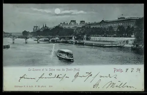 Mondschein-AK Paris, Le Louvre et la Seine vus du Pont-Neuf