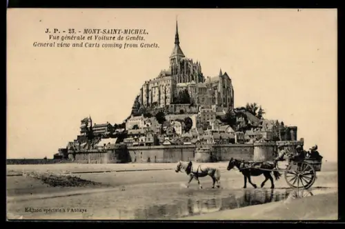 AK Mont-Saint-Michel, Vue générale et Voiture de Genêts