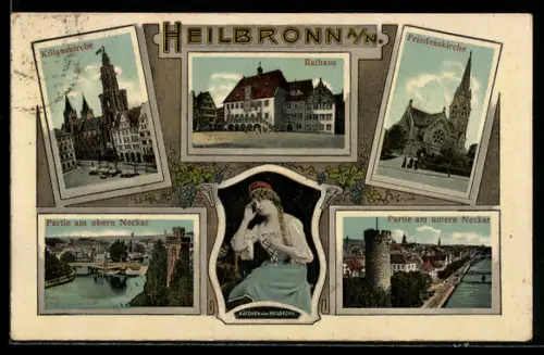 Lithographie Heilbronn a. N., Kilianskirche, Rathaus, Friedenskirche, Partie am oberen und unteren Neckar