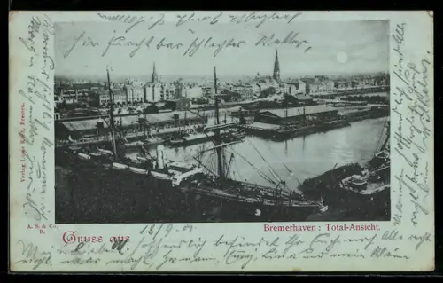 Mondschein-AK Bremerhaven, Total-Ansicht, Hafen, Schiffe, Ortspanorama