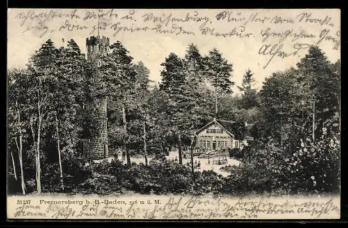AK Fremersberg b. B.-Baden, Aussichtsturm, Gaststätte Turm Fremersberg H. Heilmann