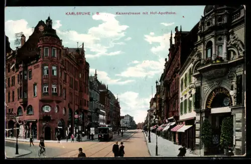AK Karlsruhe i. B., Kaiserstrasse mit Hof-Apotheke, Strassenbahn