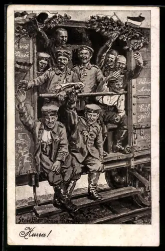 Künstler-AK sign. Strieffler: Soldaten im Zugwaggon auf dem Weg zur Front