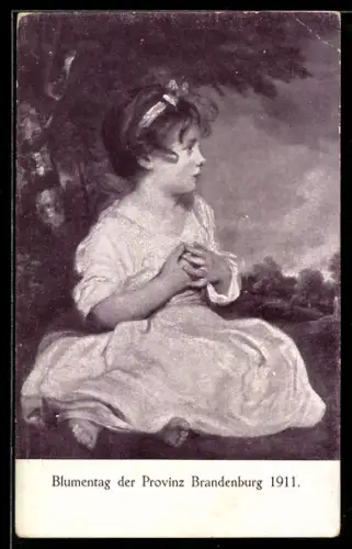 AK Blumentag der Provinz Brandenburg 1911, Mädchen auf der Wiese sitzend