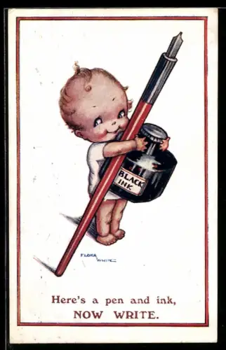Künstler-AK Kleinkind mit Schreibfeder und Tintenglas, Schreibfaul