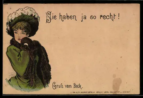 AK Junge Frau im grünen Pelzmantel mit Hut