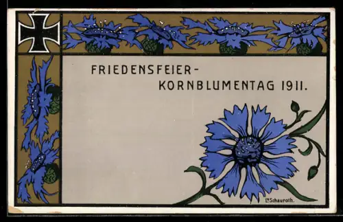 AK Frankfurt a. M., Friedensfeier-Kornblumentag 1911, Kornblumen und Eisernes Kreuz