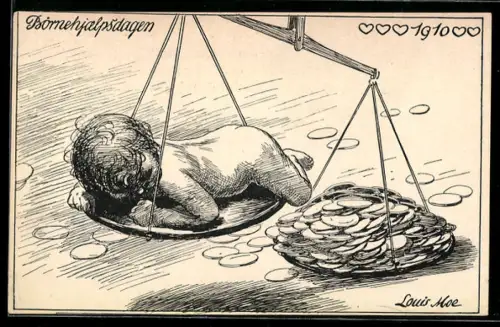 Künstler-AK sign. Louis Moe: Kleines Kind auf der Waagschale