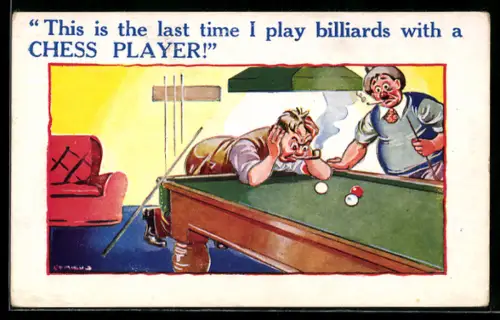 Künstler-AK Schachspieler grübelt über einem Billardspiel
