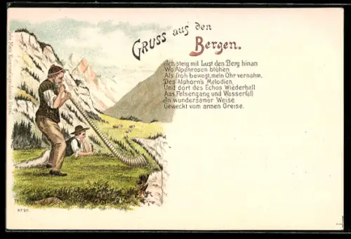 Lithographie Alphornbläser im Hochgebirge