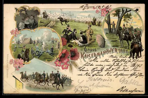 Lithographie Kaisermanöver 1897, Feldlager, Bespannte Artillerie, Ulanen bei der Aufklärung